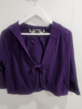 AE Sport Cropped Hoodie Jacket X Purple Tie Front Casual Athleisure Streetwear